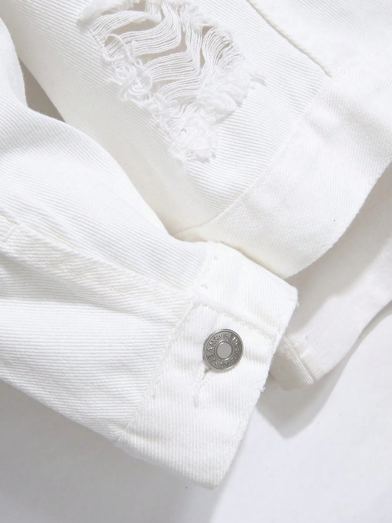 Men's denim jacket for spring and autumn. White denim ripped jacket. Street trend fashion. Daily casual.