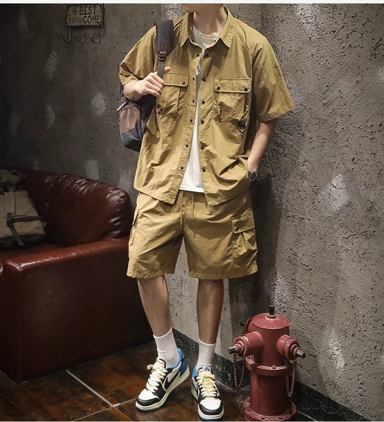 Trendy Cargo Summer Clothes Set Men Short Sleeve Shirt with Pockets And Shorts Solid Casual Safari Outdoor Outfits