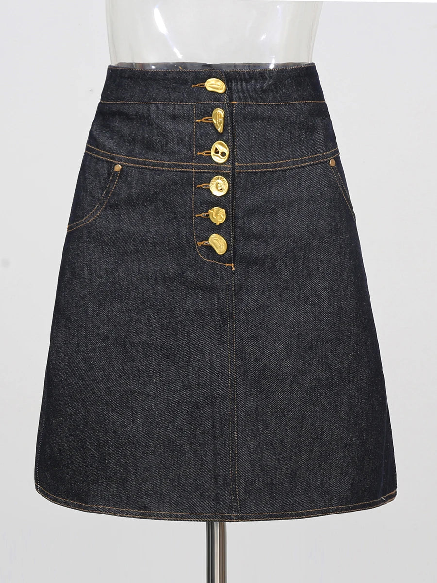 VGH Designer Solid Slimming Denim Skirts For Women High Waist Patchwork Button Spring Temperament Skirt Female Fashion Style New