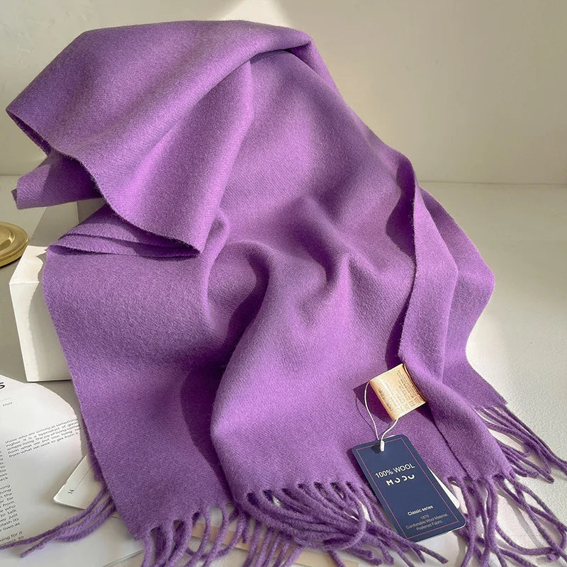 Fashion 100% Wool Scarf Soft Solid Color Scarf for Women Versatile Warm Winter Scarf Thicken Knitted Shawl Simple Tassel Scarves