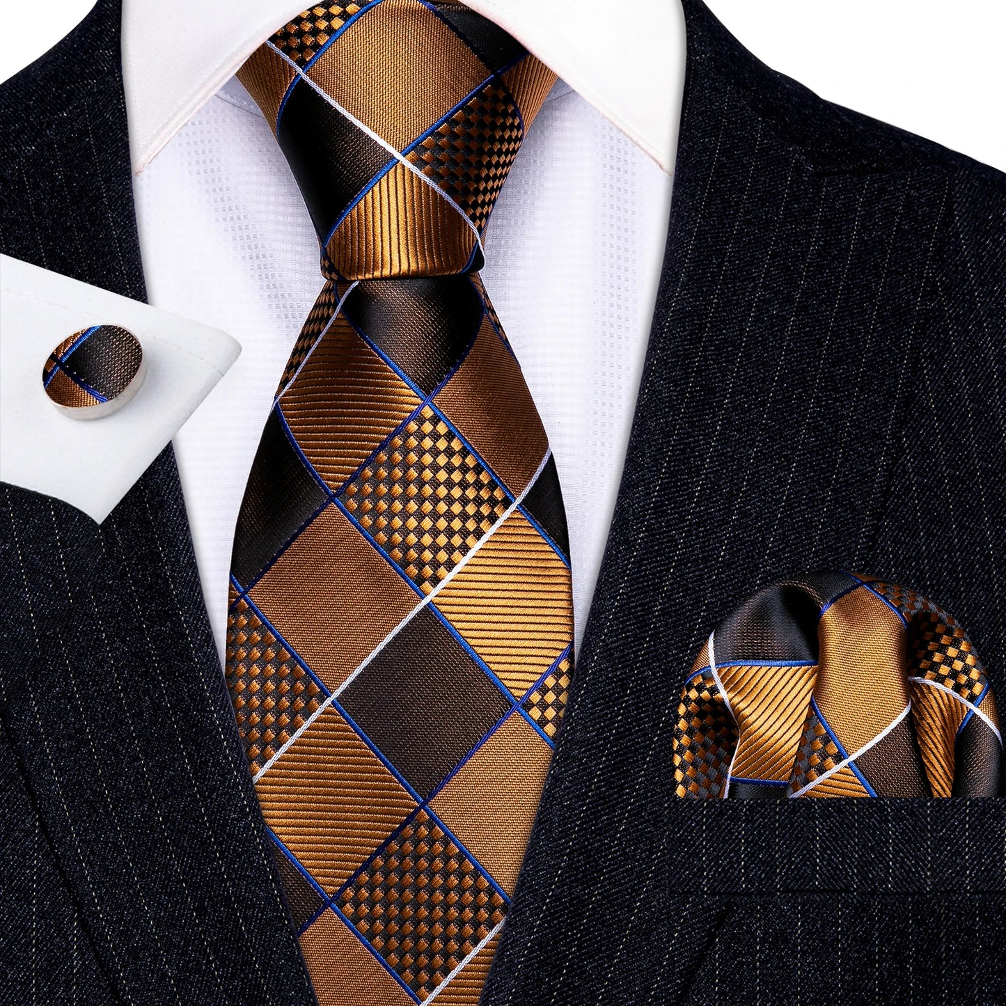 Barry.Wang Orange Brown Silk Mens Tie Hanky Cufflinks Set Gold Coffee Jacquard Designer Necktie For Male Wedding Business Party