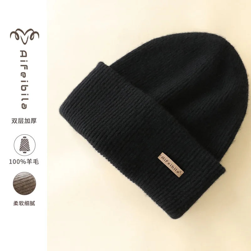 100% Merino Wool Double-Sided Beanie for Men Women Thick Soft Warm Winter Skull Caps Solid Color Knitted Beanies Hat