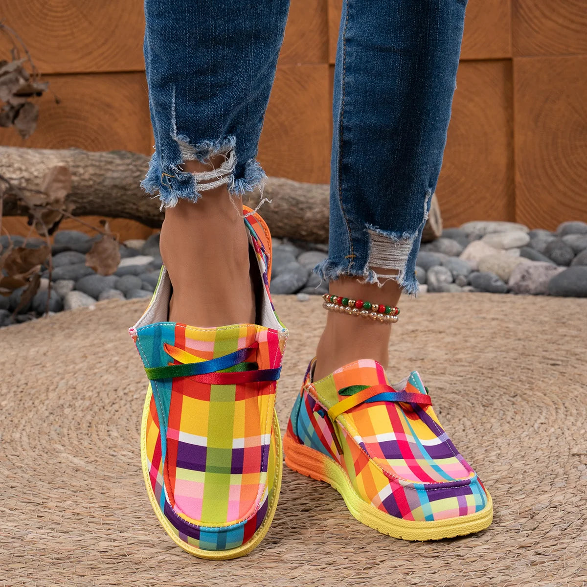 Women Flats Round Toe Multi-Color Sneakers Women Ethnic Rainbow Canvas Shoes Autumn New Casual Daily Flat Loafers Shoes Ladies