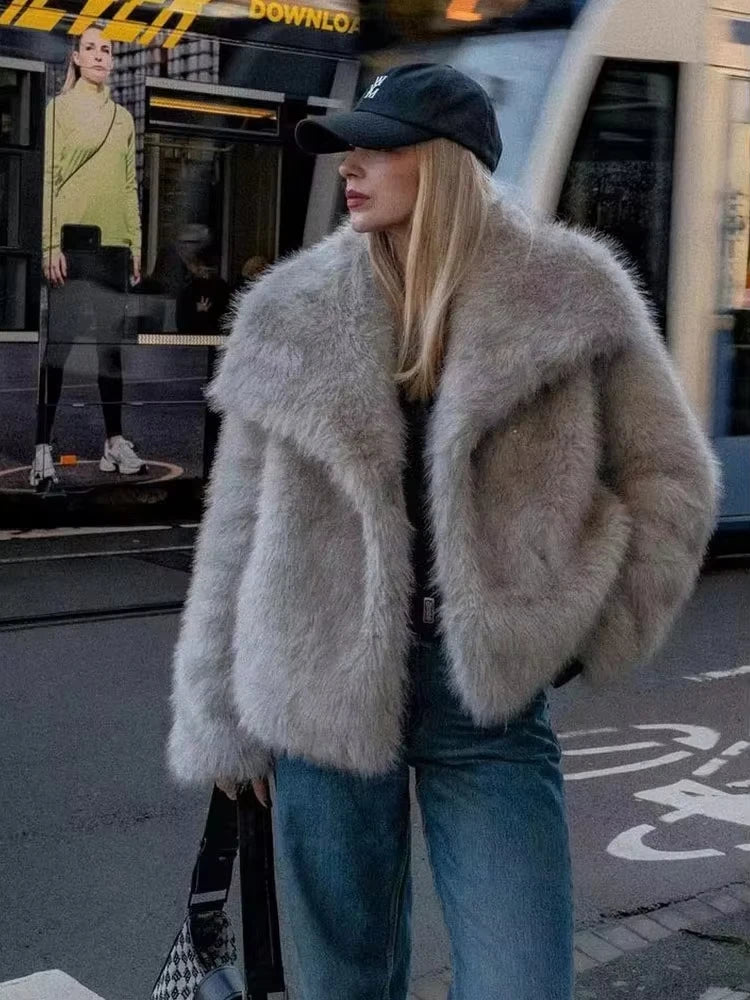 HH Women Fashion Faux Fur Jacket Vintage Turn-Down Collar Long Sleeve Coat Autumn Winter Woman Elegant Streetwear