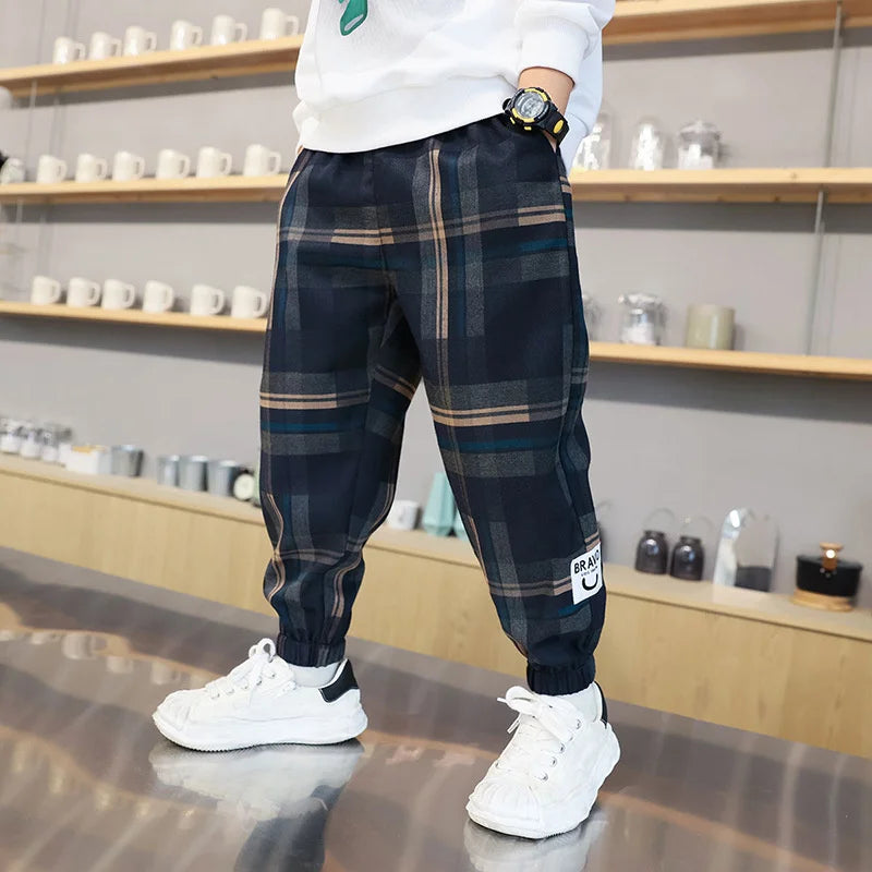 Boys Thick Plaid Pants Spring Autumn Girls Plus Velvet Warm Drawstring Kids Trend Trousers Fashion Teen Sport Casual Pants 4-12Y