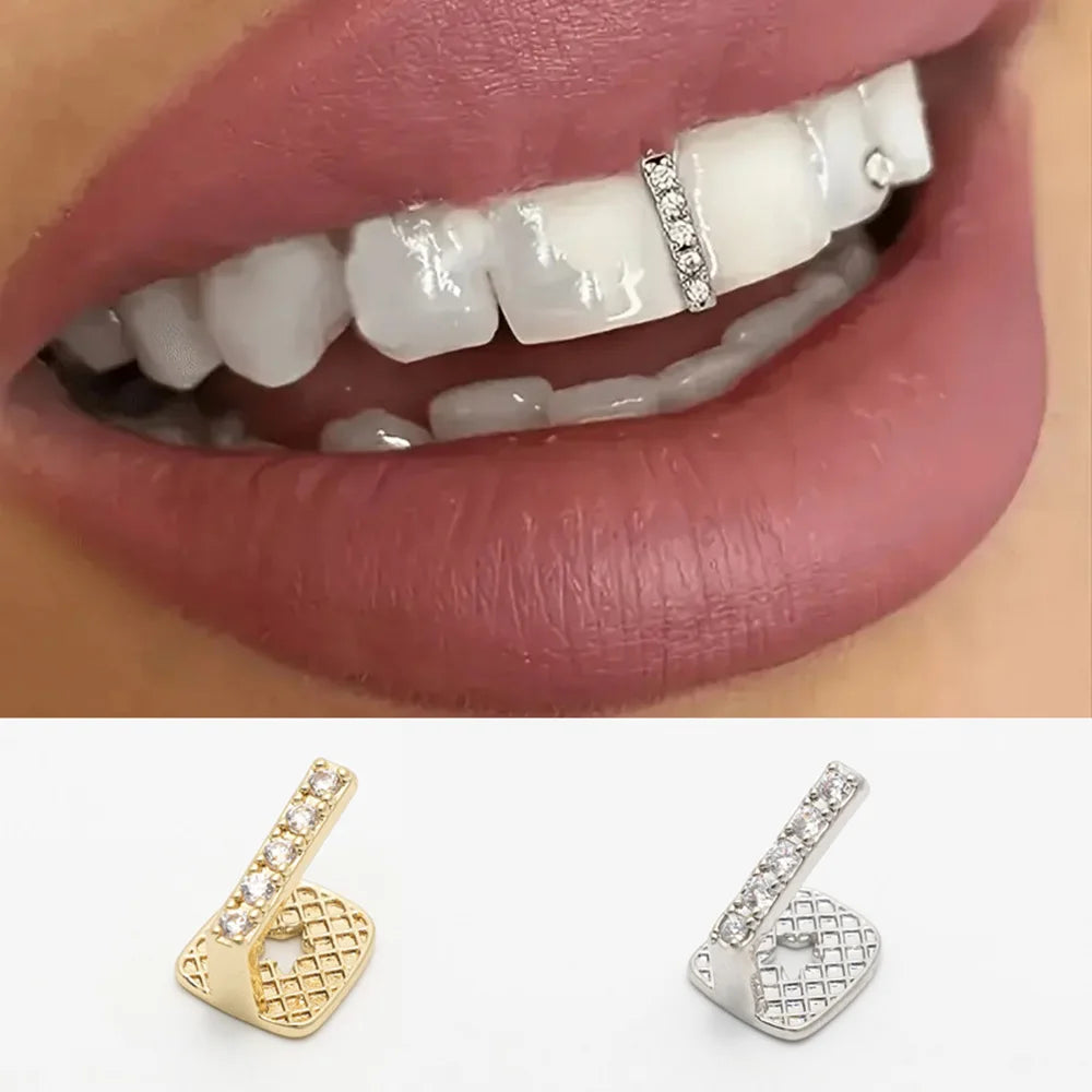 YOUNGX Hip Hop Single Vertical Bar Zircon Teeth Grillz Y2K Vintage CZ Stone Tooth Caps For Women Men Jewelry Dental Grills