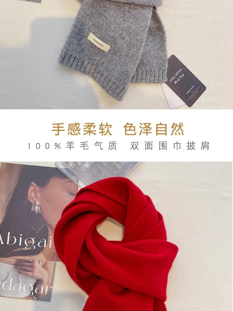 High Quality 100% Wool Scarf Men Women Winter Autumn Solid Color Couple Muffler Simple Warm Versatile Knitted Scarf Male Female