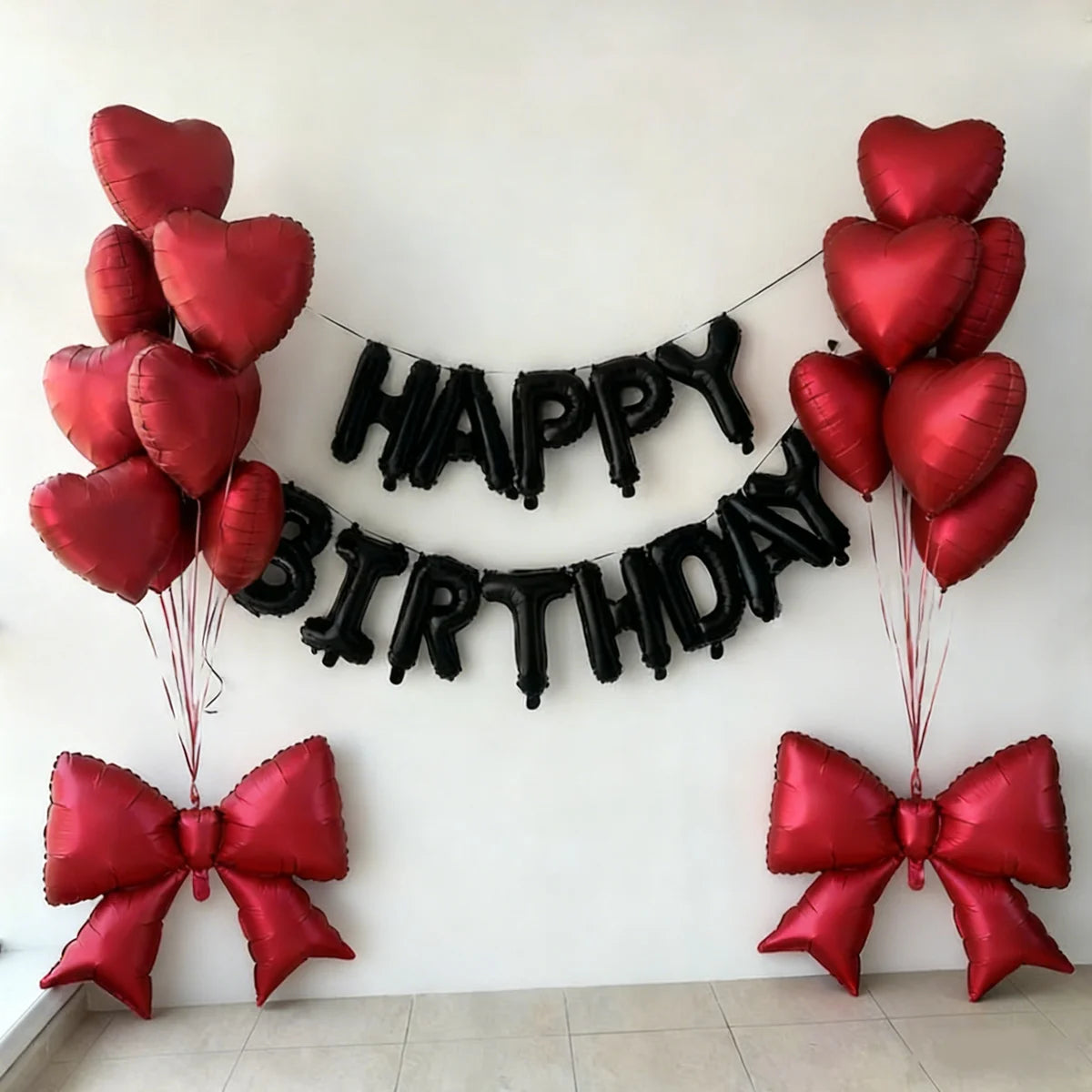 Black Happy Birthday Balloon Set Red Heart Balloon Bow Aluminum Film Balloon for Birthday Party Decoration Photography Props