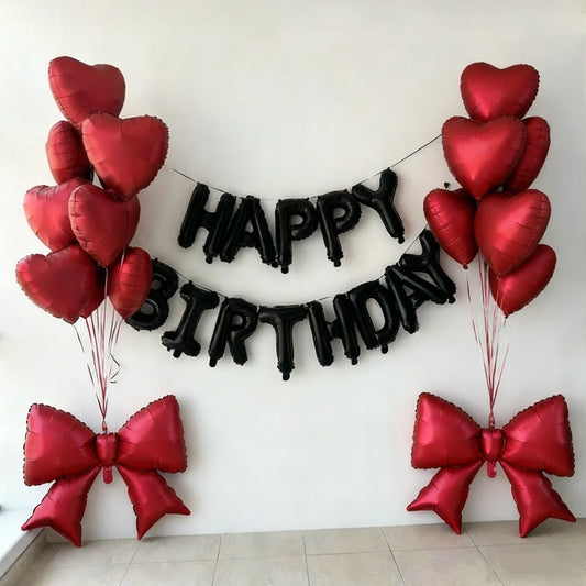 Black Happy Birthday Balloon Set Red Heart Balloon Bow Aluminum Film Balloon for Birthday Party Decoration Photography Props
