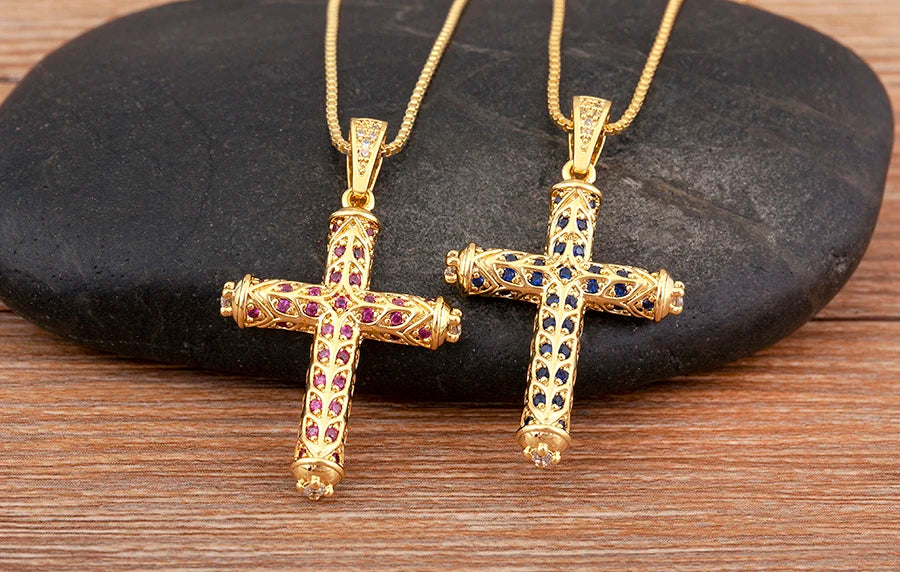 Nidin New Arrival Retro Column Shape Cross Pendant Necklace For Female Male Irregular Geometric Shine Zircon Jewelry Accessories