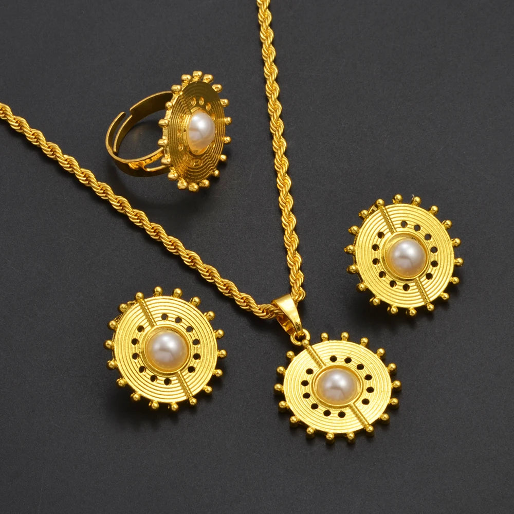 Ethiopian Eritrea Round Jewelry Sets With Pearl Necklace Earrings Rings for Women Girls African Brides Accessories @340206