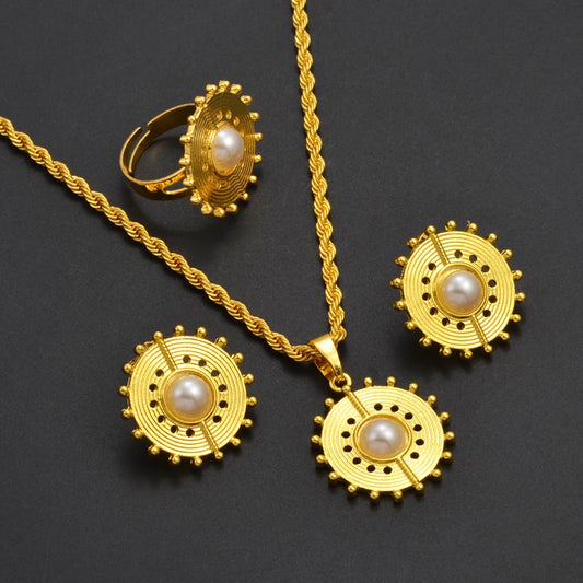 Ethiopian Eritrea Round Jewelry Sets With Pearl Necklace Earrings Rings for Women Girls African Brides Accessories @340206