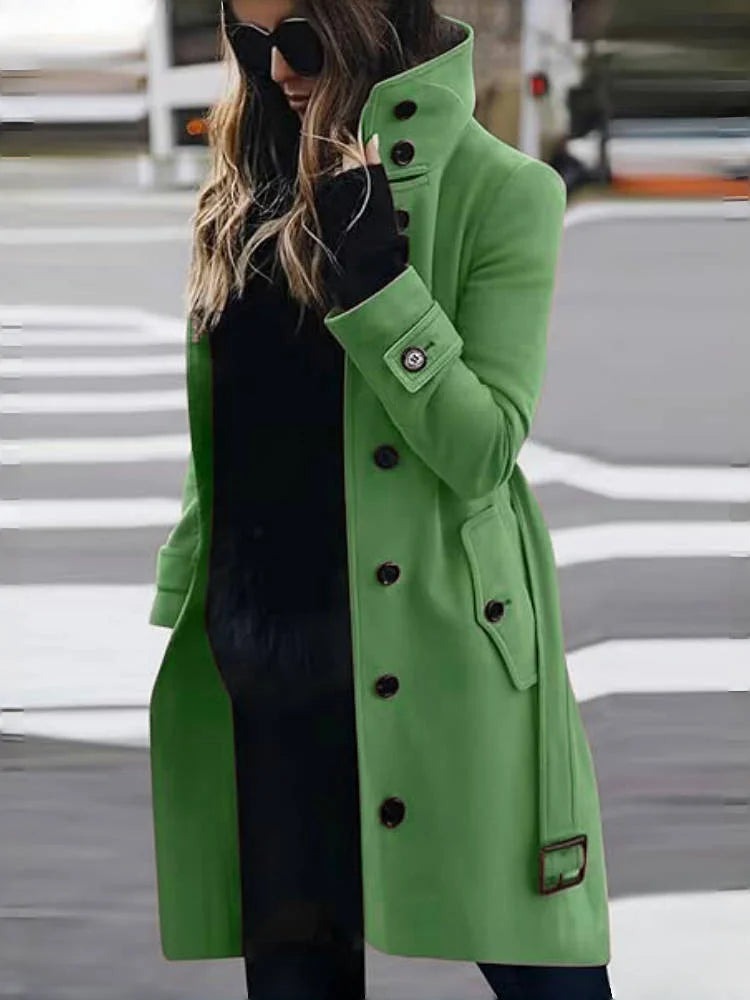 Women's Wool Blend Coat Winter Warm Single Breasted Jacket with Turn-down Collar Long Outerwear Female Clothing
