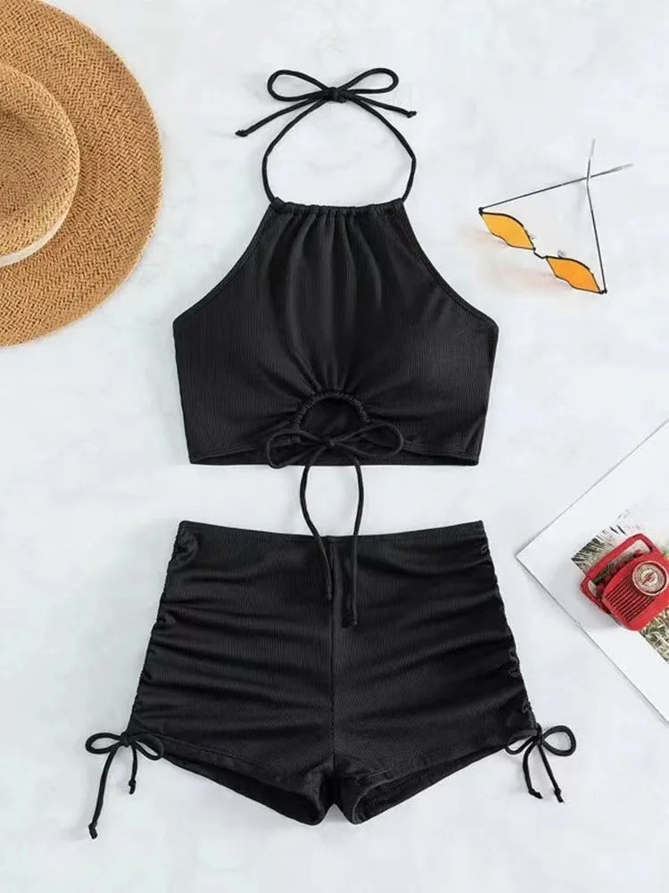 Solid Color Halter Neck Bikini Separate Swimwear Women's Sexy Strapless Top for Beach Vacation Hot Spring Summer Swimwear