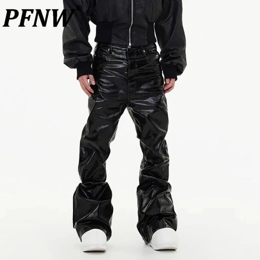 PFNW New Spring Men's Jeans Loose Wide Leg Coating Glossy Patent Leather Straight Male Denim Pants Niche Style 2025 12C509