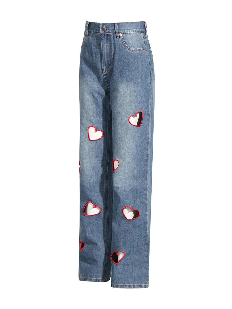 2025 Summer New Fashion Women's Jeans High Waist Straight Wide Leg Embroidery Heart Hollow Out Female Denim Pants