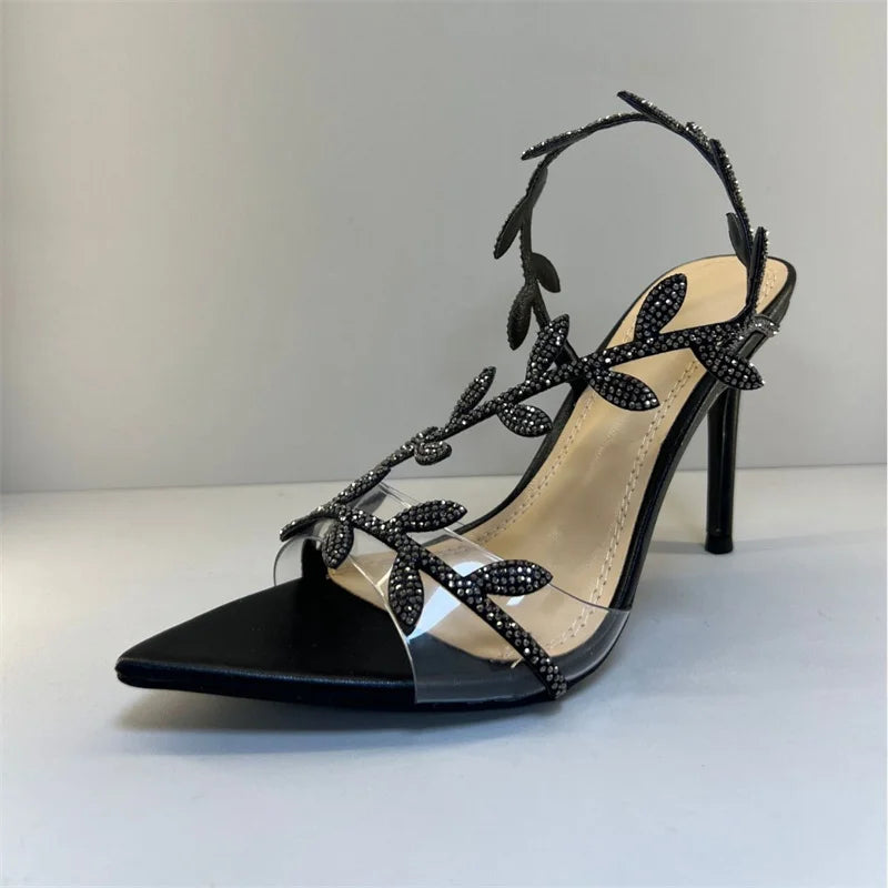 European American Pointed-Toed Rhinestone Leaves Thin Heel Sandals 2025 Spring And Autumn New Style Fashionable Elegant Party