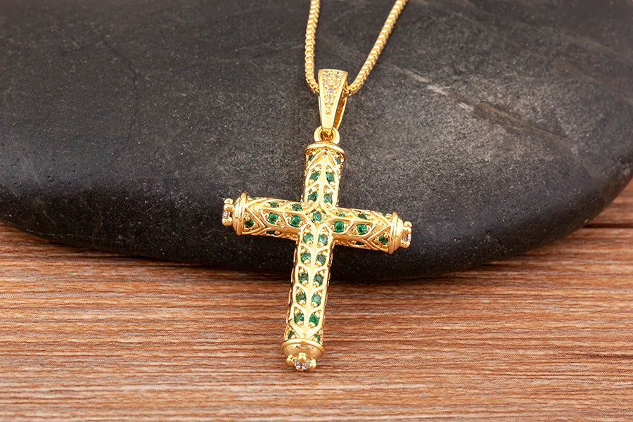 Nidin New Arrival Retro Column Shape Cross Pendant Necklace For Female Male Irregular Geometric Shine Zircon Jewelry Accessories