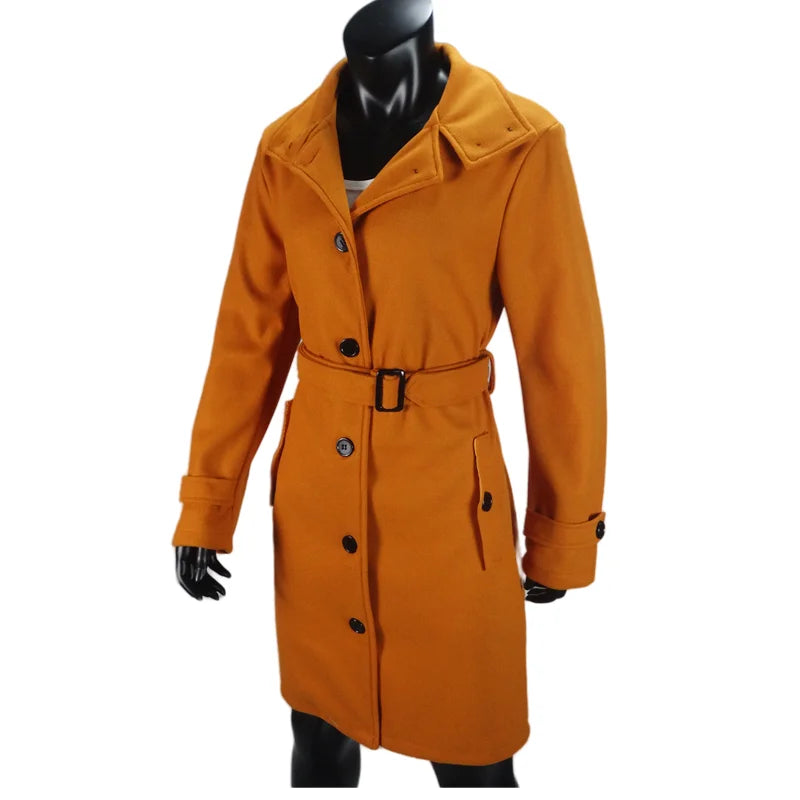 Women's Wool Blend Coat Winter Warm Single Breasted Jacket with Turn-down Collar Long Outerwear Female Clothing