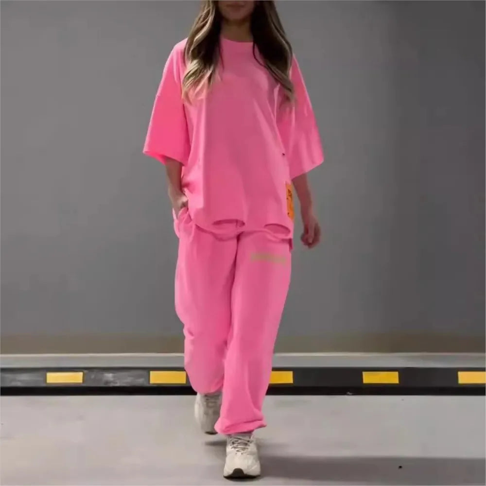 Summer New Fashion Hollowed Out O Neck T Shirt Women's 2 Piece Set Solid Color Casual Relaxed Tracksuit Pants Pocket Female Suit