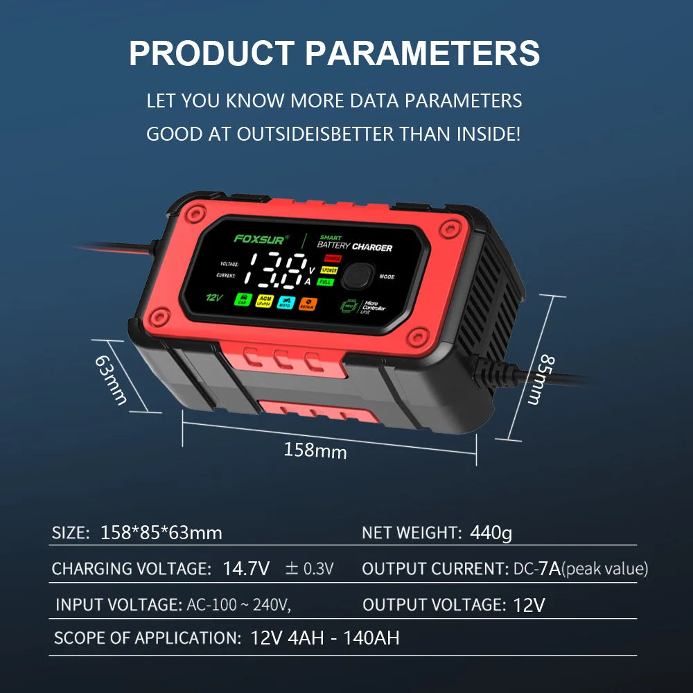 EAFC 12V 7A Car Battery Charger Smart Multiple Protection AGM Lithium Iron Lead-acid Charger for Car SUV RV Motorcycle Truck