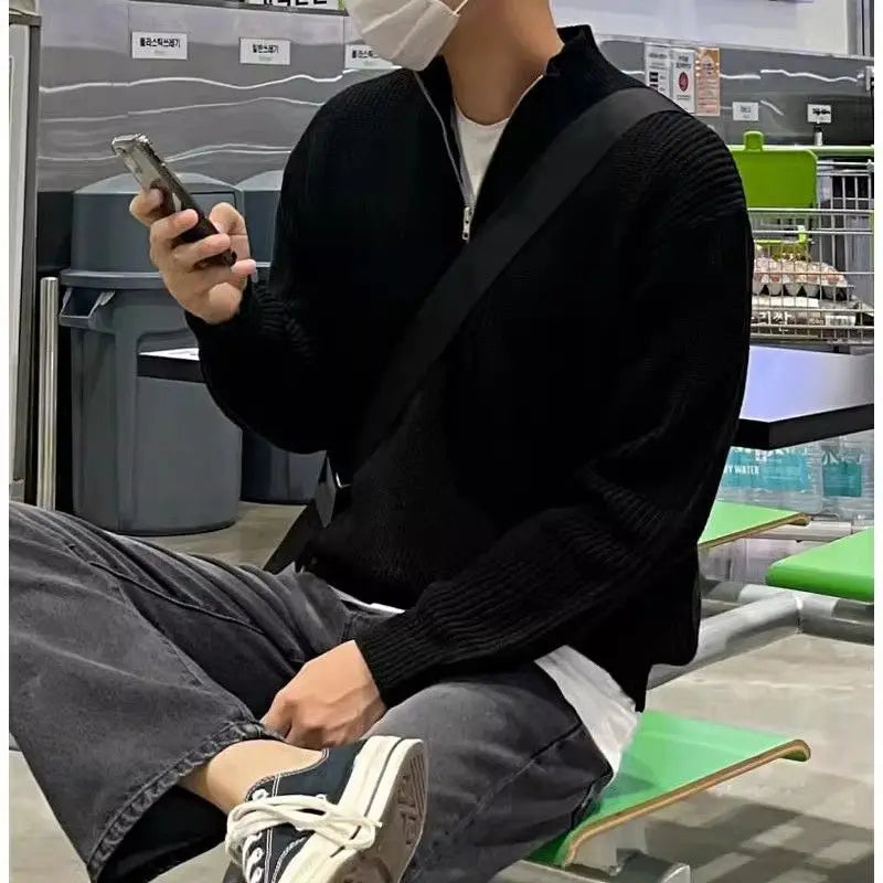 American Fashion Brand Design Korean Style Stand Collar Half Zipper Sweater Men's Temperament Versatile Knitted Sweater