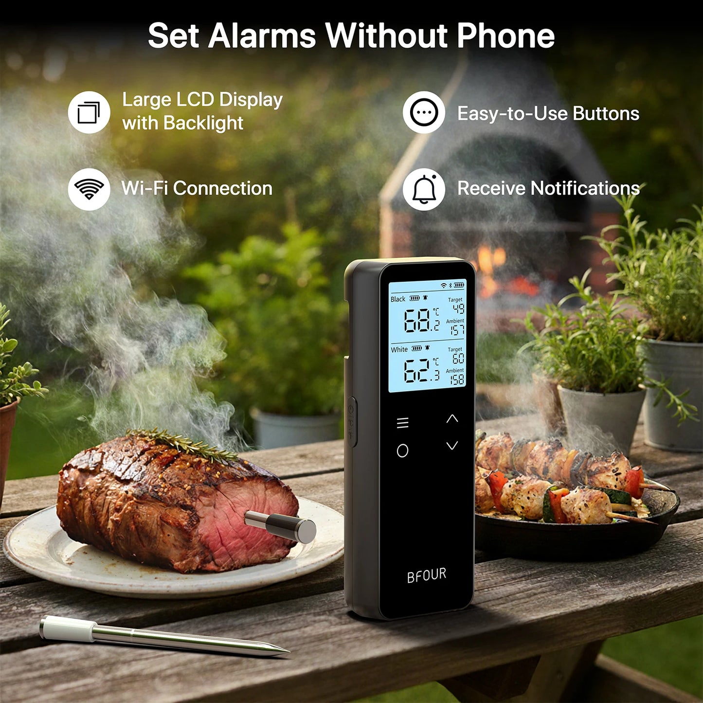 Meat Thermometer Wireless Bluetooth Probe with WiFi Unlimited Range Support APP Alarm Reminder for BBQ, Oven, Air Fryer