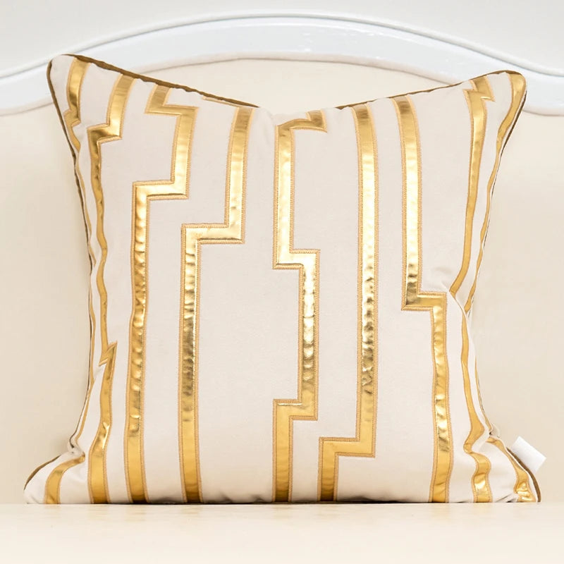 Aeckself Luxury Geometric Plaid Gold Grey Leather Embroidery Velvet Cushion Cover Home Decor Throw Pillow Case White Grey Black