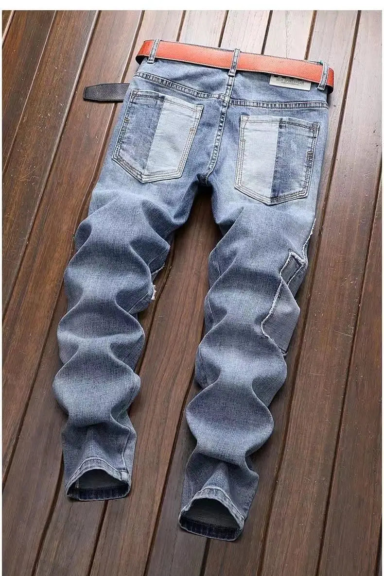 New Spring Autumn Wash Denim Korean Style Blue Designer Cowboy Cycling Motorcycle Splice Vintage Cargo Strech Pant Jean Trousers