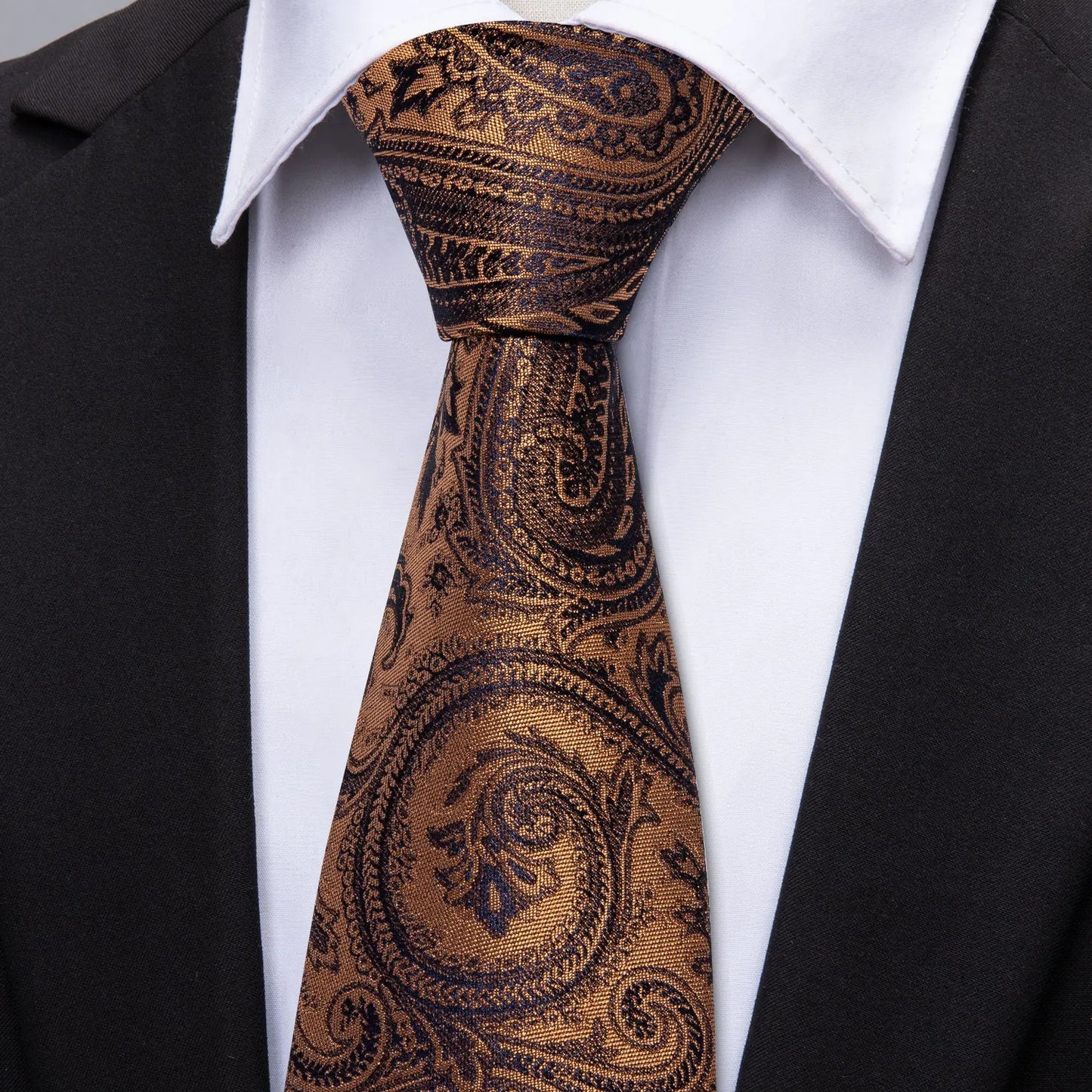 Barry.Wang Orange Brown Silk Mens Tie Hanky Cufflinks Set Gold Coffee Jacquard Designer Necktie For Male Wedding Business Party