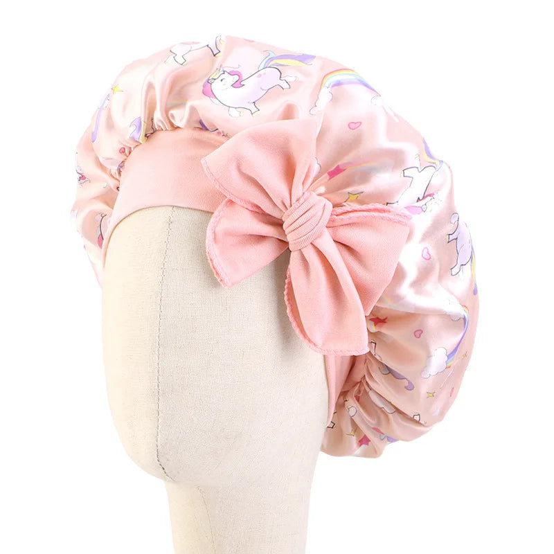 Adjustable Silky Satin Cap  Cartoon Baby Kids Print Satin Bonnet Sleep Hat Cap for Curly Hair
