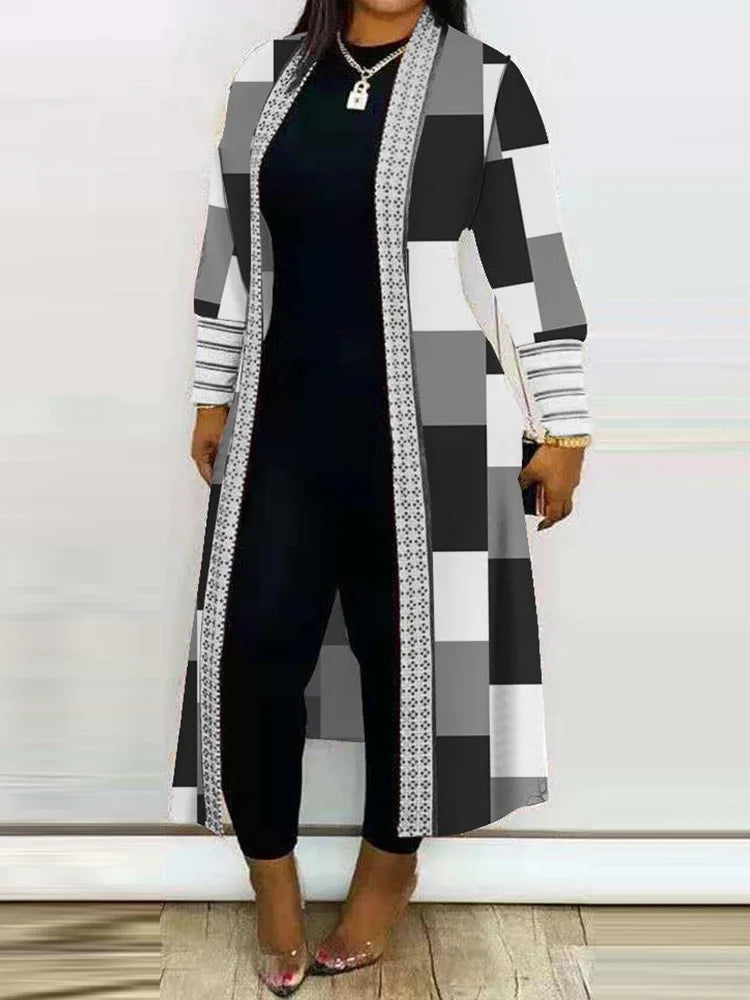 V Neck Casual Loose Female Print Long Outerwear Vintage Patchwork Streetwear Open Stitch Coats Long Sleeve Office Women Jackets