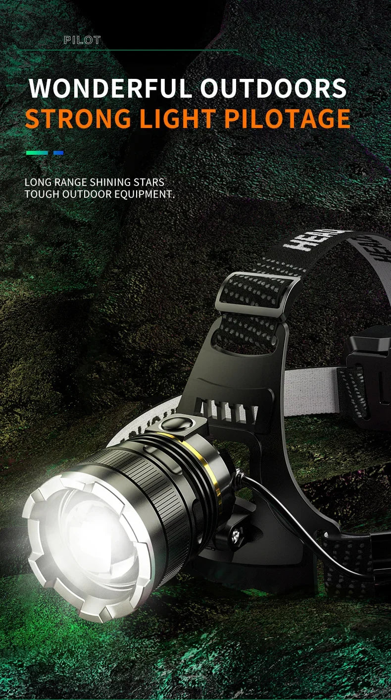Ultra Bright White Laser LED Headlight Wave Sensing Zoom Flashlight Rechargeable Outdoor Night Fishing Head Mounted Headlight