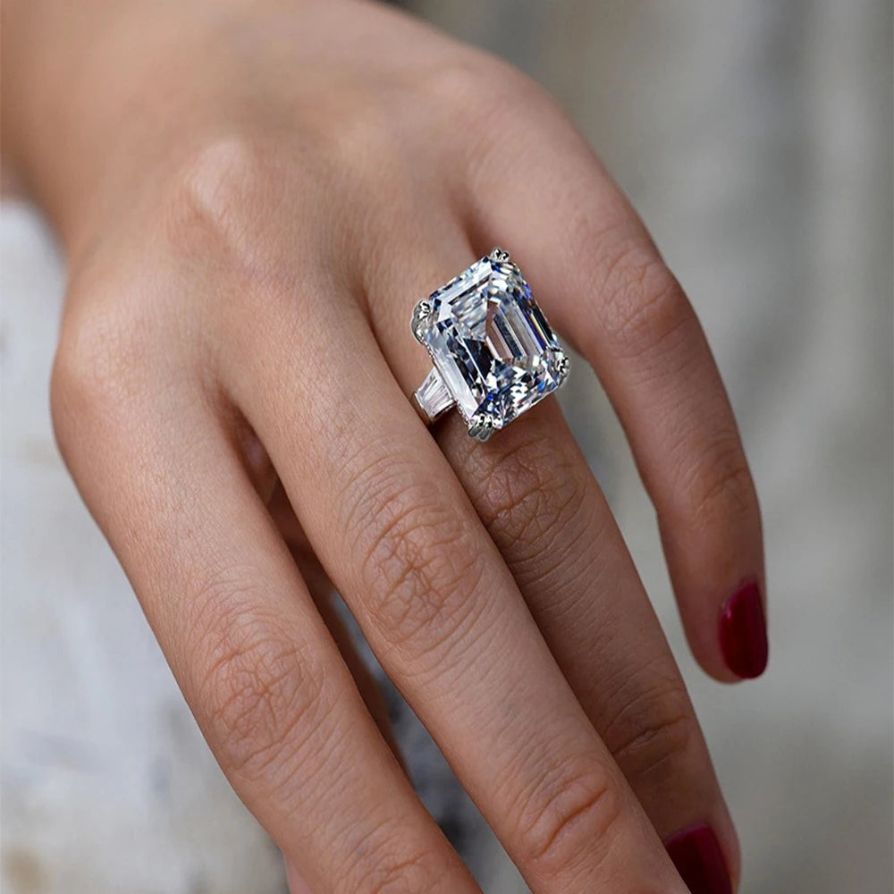 New Simple Shiny Big Rectangle Zircon Women Rings White/Pink Stones Available Bridal Wedding  Top Quality Noble Lady