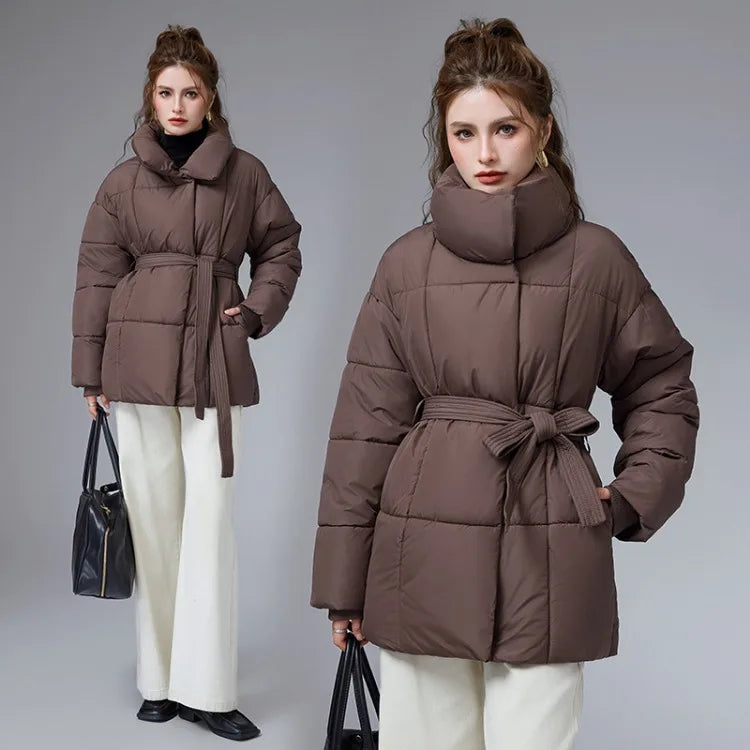 Women Winter New Cotton-padded Clothes Stand-up Collar Belt Thin Loose Versatile Jacket Fashion Version Cotton-padded Clothes