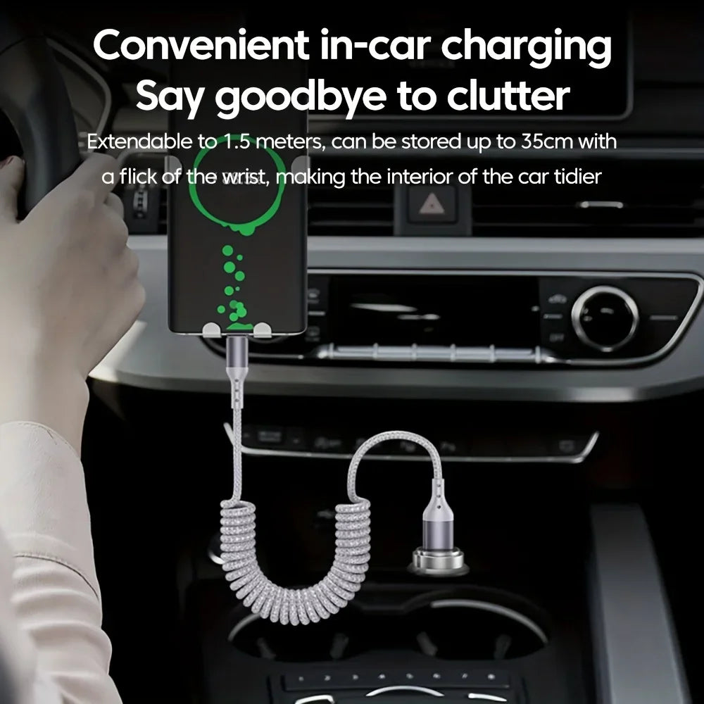 Spring Car Charger Cord 3A Fast Charging USB Cable For iPhone 14 11 12 13 Pro X XS Max 6 7 8 Plus SE iPad Data Wire