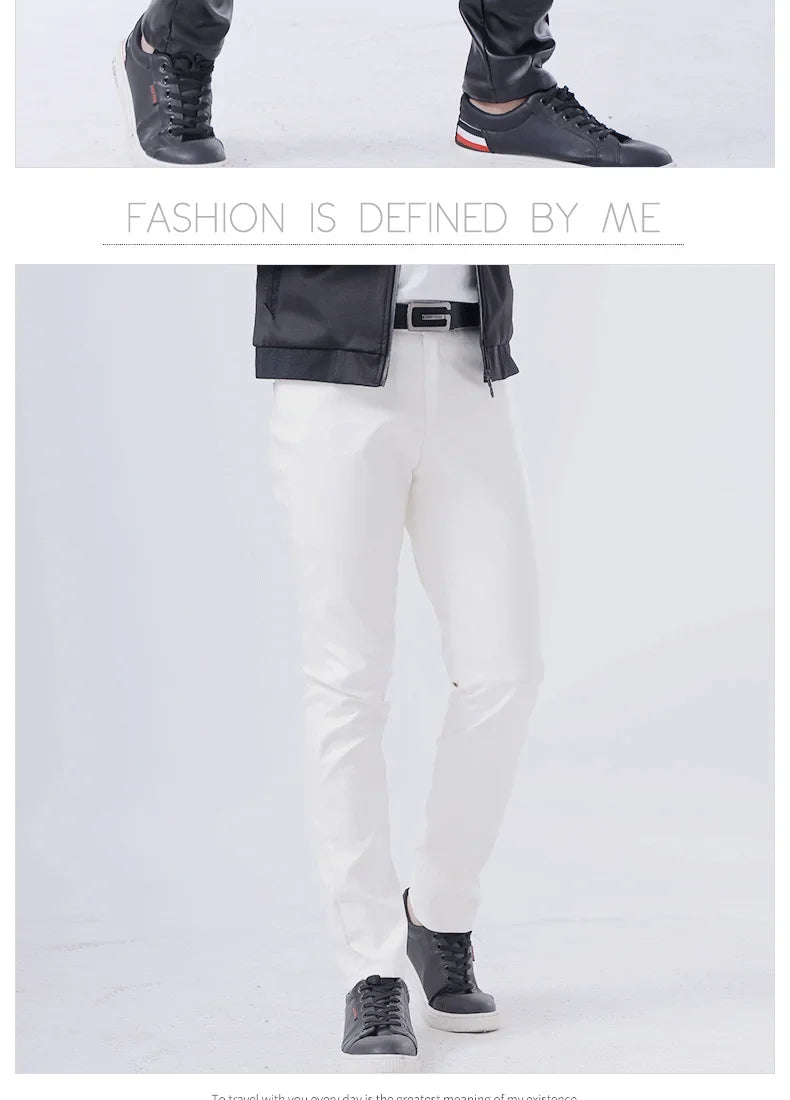 Spring Autumn Stretch Skinny Faux Leather Pants Men Black White Red Blue Khaki Grey PU Pants Plus Size 40 Men Joggers