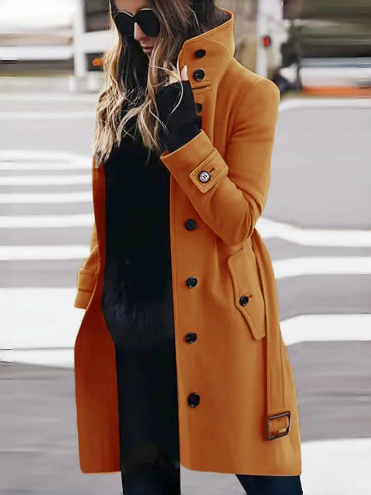 Women's Wool Blend Coat Winter Warm Single Breasted Jacket with Turn-down Collar Long Outerwear Female Clothing