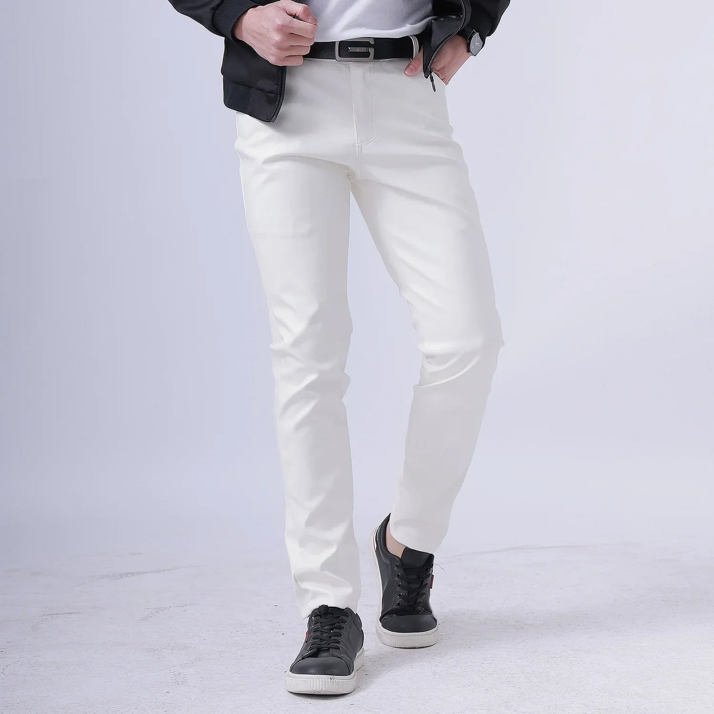Spring Autumn Stretch Skinny Faux Leather Pants Men Black White Red Blue Khaki Grey PU Pants Plus Size 40 Men Joggers