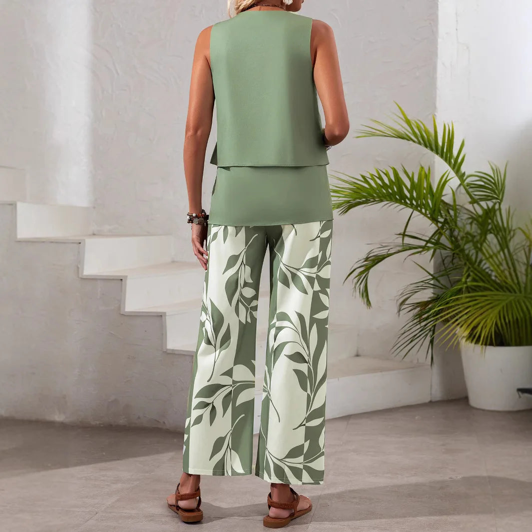 2 Piece Women Set Summer Autumn Sleeveless Shirt Blouse Top And Pants Suits Outfits Fashion Office Lady Matching Sets Outfit
