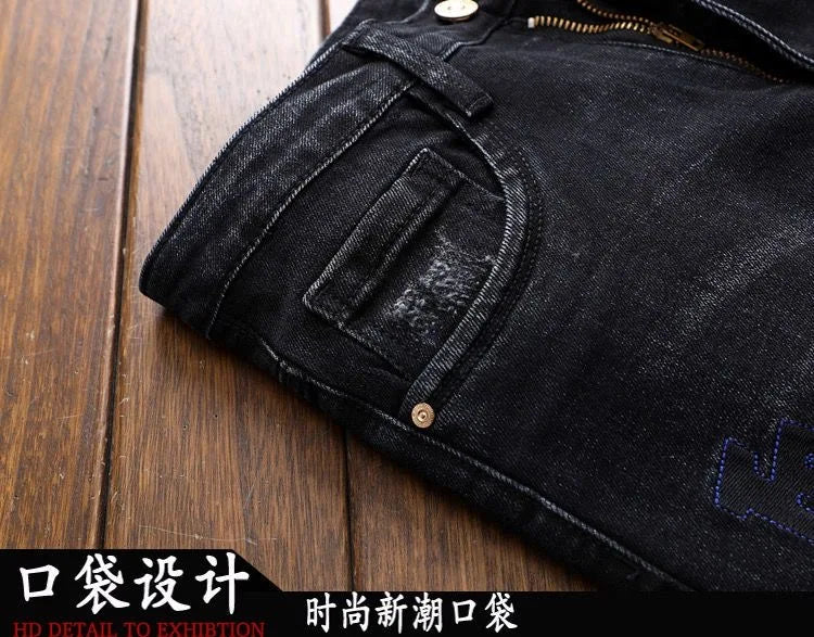 2024 Spring and Autumn New Fashion Trend Retro Ripped Small Foot Pants Men's Casual Slim Breathable Elastic High-Quality Jeans