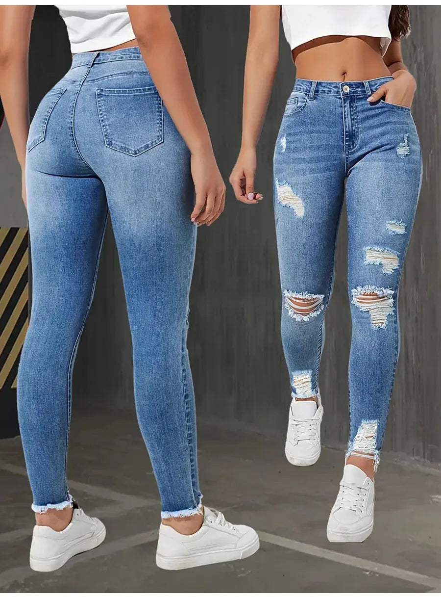 Fashion Skinny Hole Jeans Women 2025 Autumn Stretchy High Waisted Ripped Slim Retro Solid Color Denim Trousers Pants