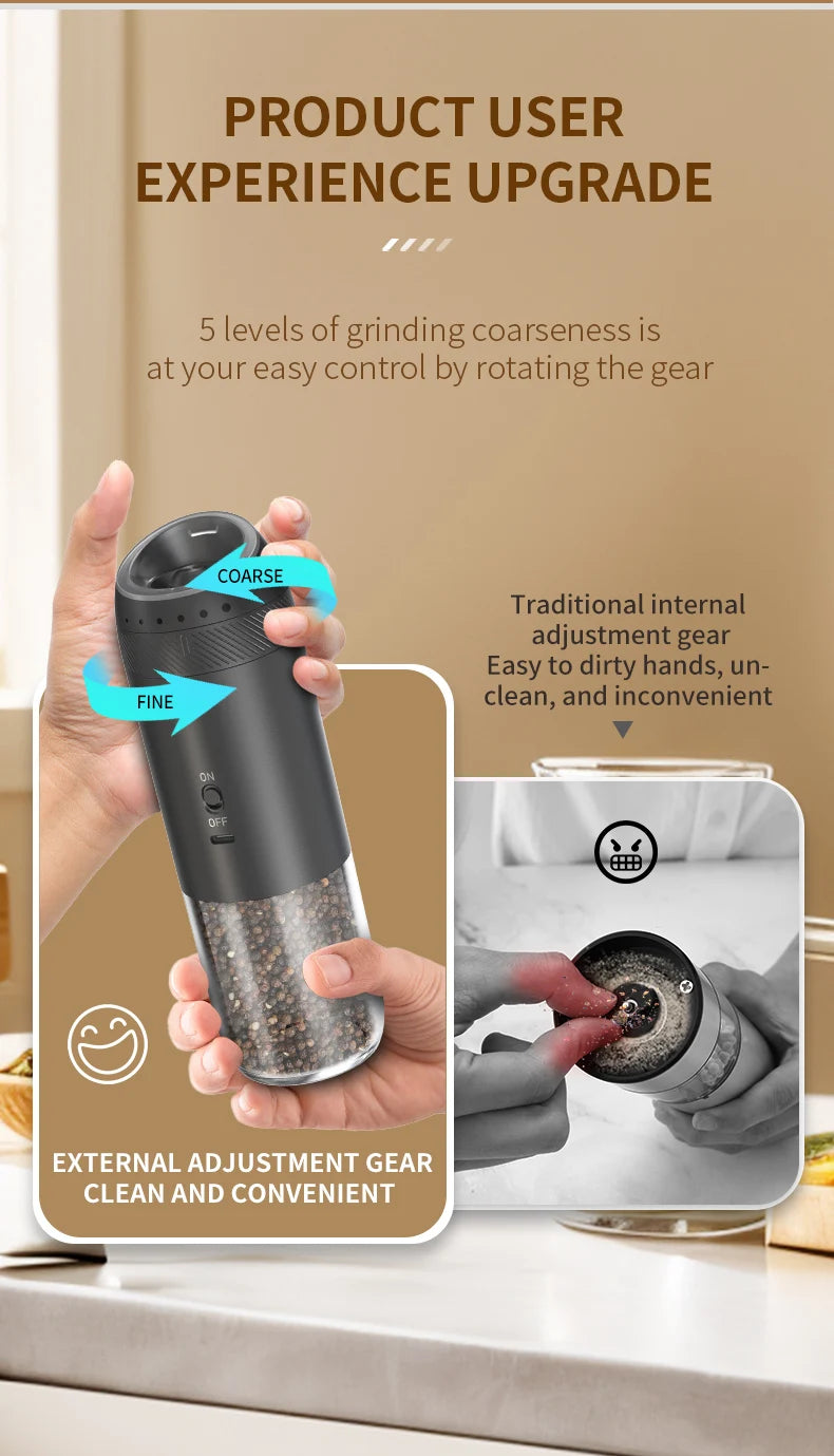 1/2PCS Electric Salt And Pepper Grinder with LED Light Gravity Sensing Adjustable Spice Mills Cordless Automatic Kitchen Gadget