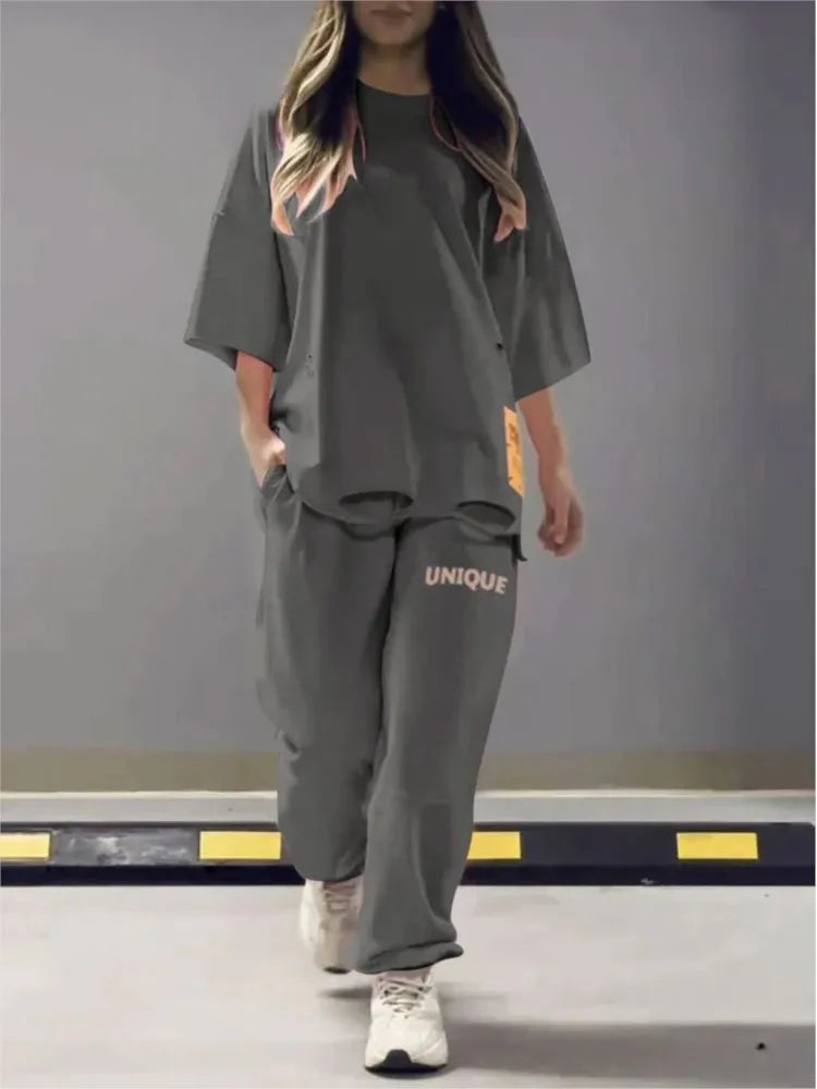 Summer New Fashion Hollowed Out O Neck T Shirt Women's 2 Piece Set Solid Color Casual Relaxed Tracksuit Pants Pocket Female Suit