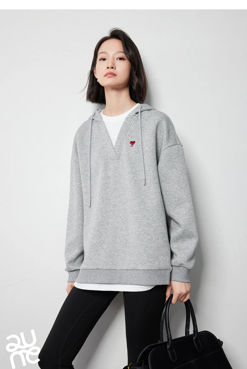 TOYOUTH Women Hoodies Sweatshirt 2024 Autumn New Heart Patter Embroidery Fake Two Piece Hooded Pullover Tops