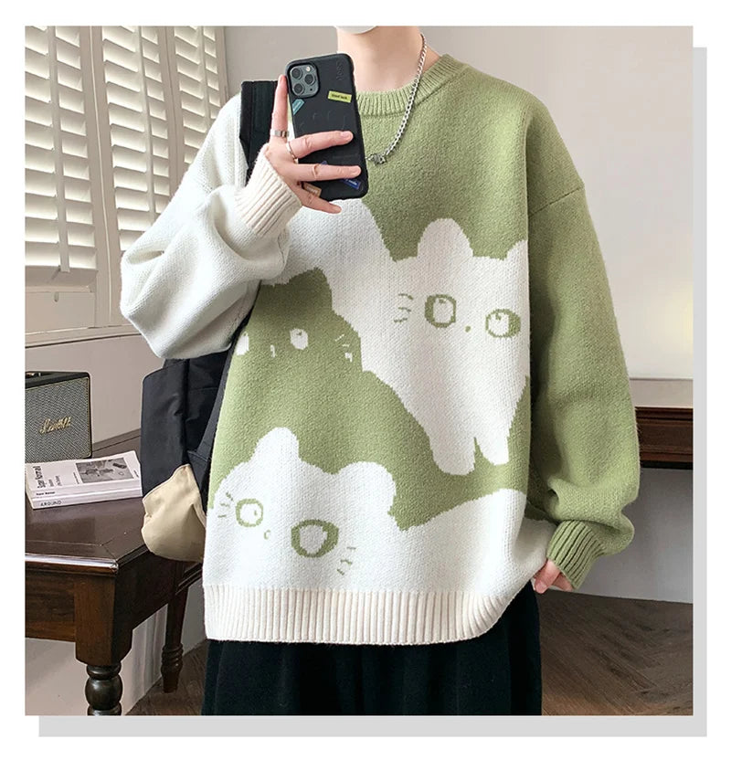 Winter Men's Anime Cat Jacquard Crewneck Knitted Sweaters Hip Hop Fashion Graphic Printed Y2K Jumpers Streetwear Knit Pullovers
