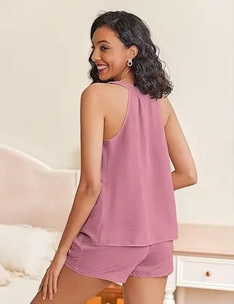 New Summer Women's 2-piece Set Pink V-neck Vest Elastic Pocket White Stylish Black Shorts Set