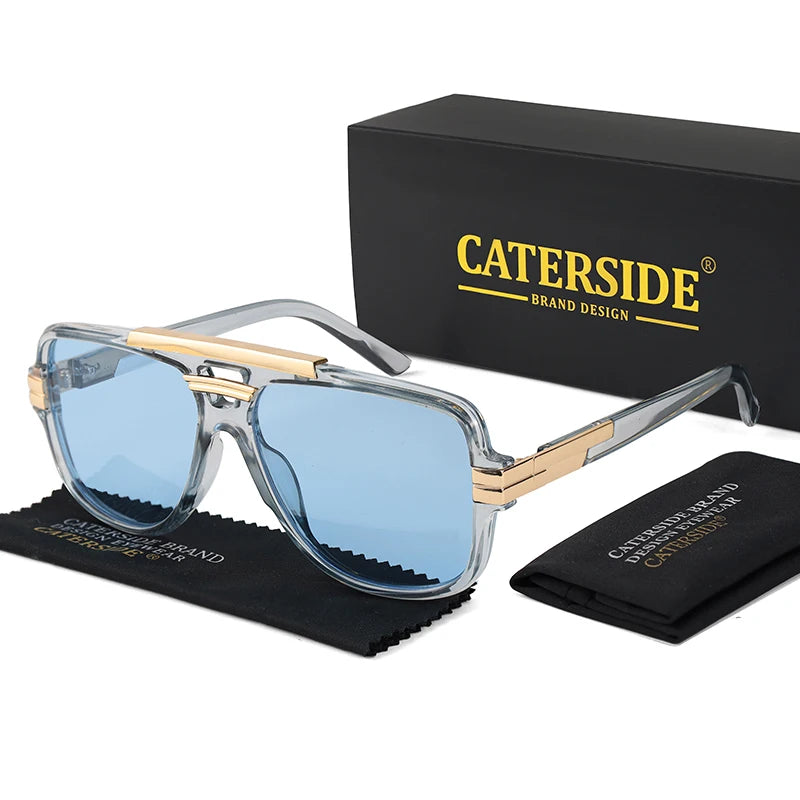 CATERSIDE Retro Square Big Frame Sunglasses Men Flat Top Double Bridge Pilot Punk Sun Glasses Women's Party Travel Eyewear UV400