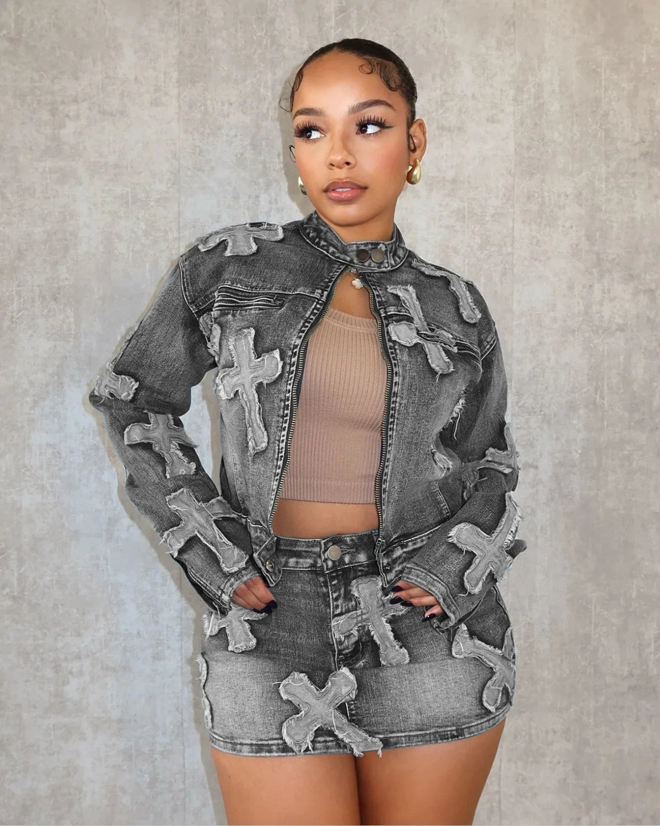 Spring New Denim Skirt Set F8505 Cross-Border Hot Sale Embroidered Short Skirt Jacket Set Cotton Knee-Length Women's Outfit