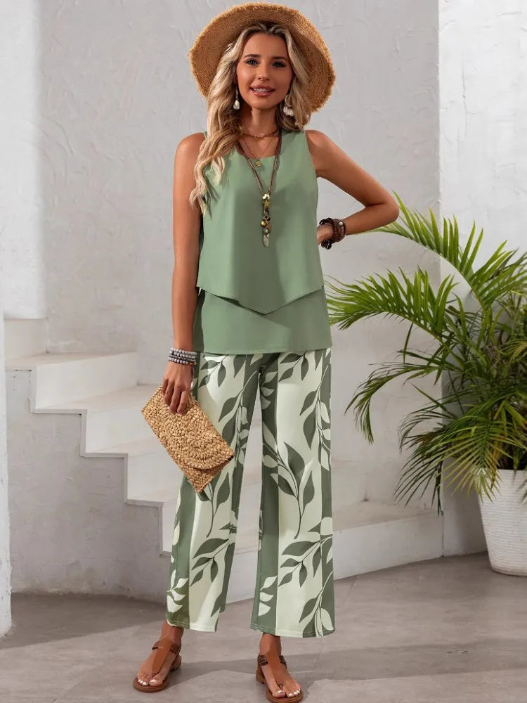 2 Piece Women Set Summer Autumn Sleeveless Shirt Blouse Top And Pants Suits Outfits Fashion Office Lady Matching Sets Outfit